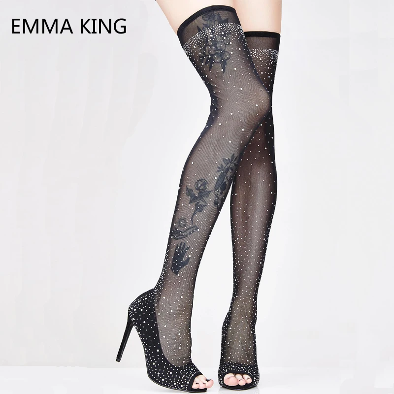 

Crystal Stretch Over The Knee Boots Black Stilettos High Heels Mesh Pointed Toe Thigh High Long Boots Fashion Shoes Woman