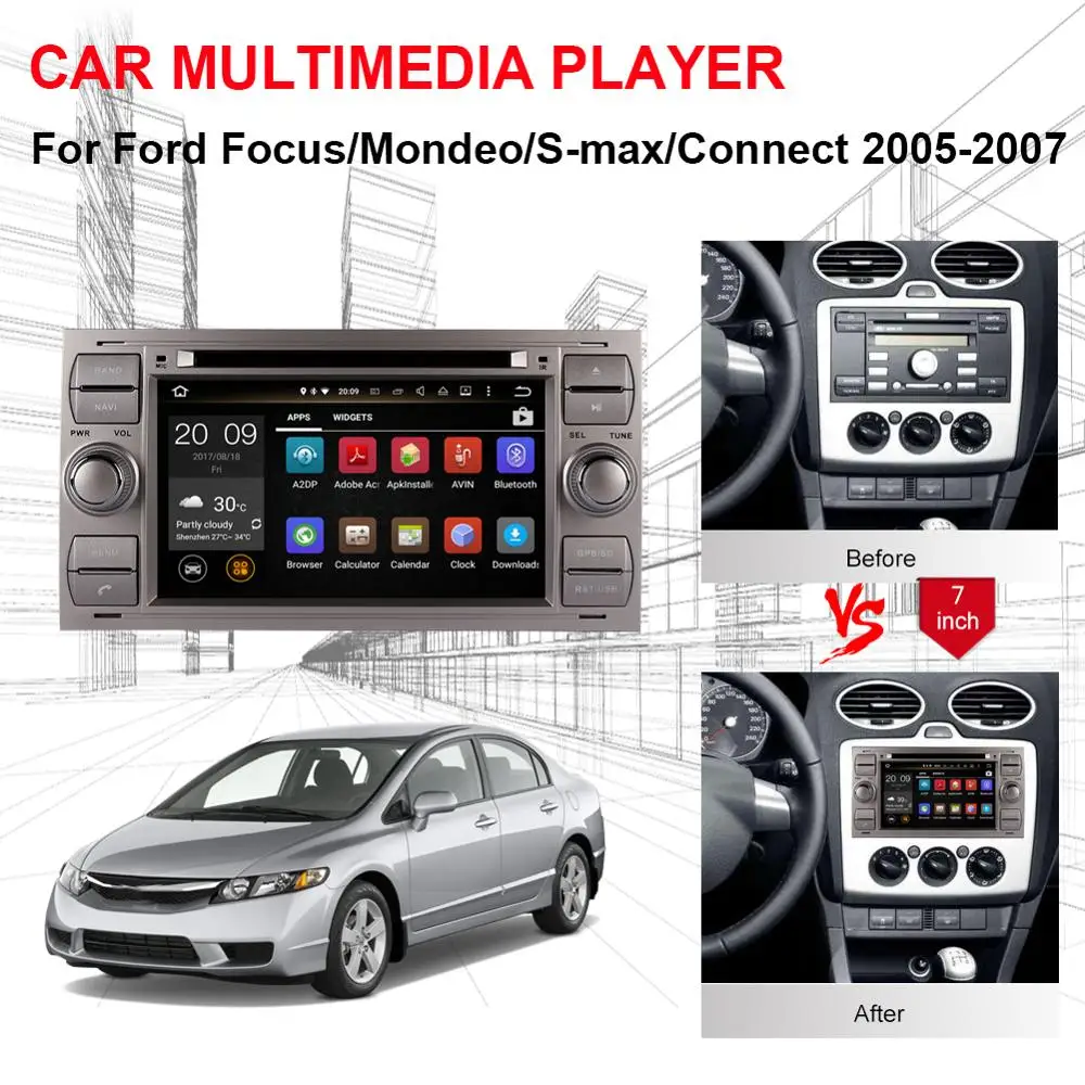2 Din Android 8,0 Восьмиядерный 4 Гб ОЗУ автомобильный dvd-плеер gps навигация для Ford Focus/Mondeo/S-max/подключение 2005-2007 автомобильный Радио стерео