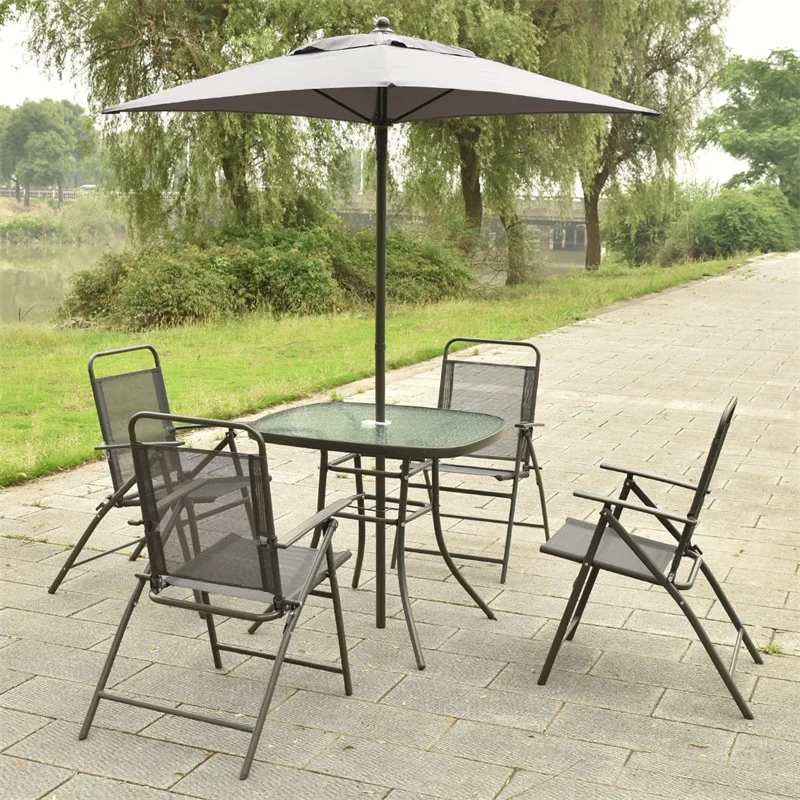 Высокое качество 6 шт. патио складной набор мебели с зонтиком из закаленного стекла верхний стол безопасности замки складные стулья HW52131