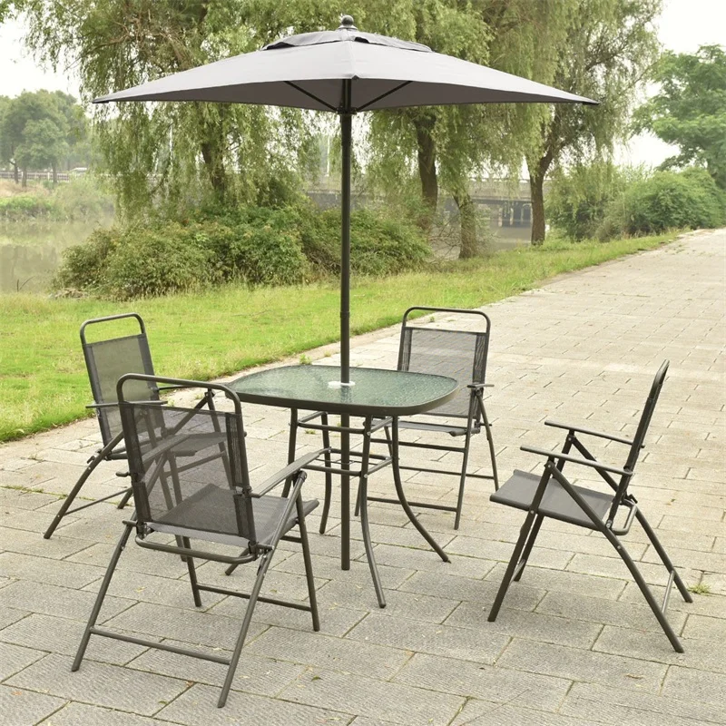 

High Quality 6 Pcs Patio Folding Furniture Set with An Umbrella Tempered Glass Top Table Security Locks Folding Chairs HW52131