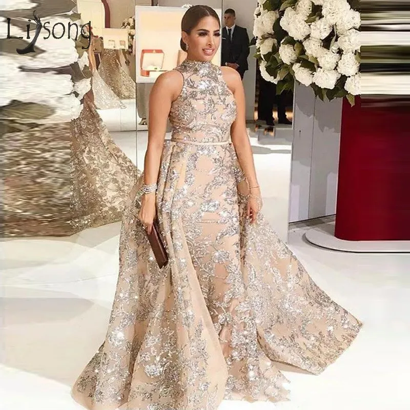 

Abiye Sparkle Crystal Prom Dresses With Overskirt Luxury Champagne Long Mermaid Prom Gowns High Collar Middle East Abendkleider