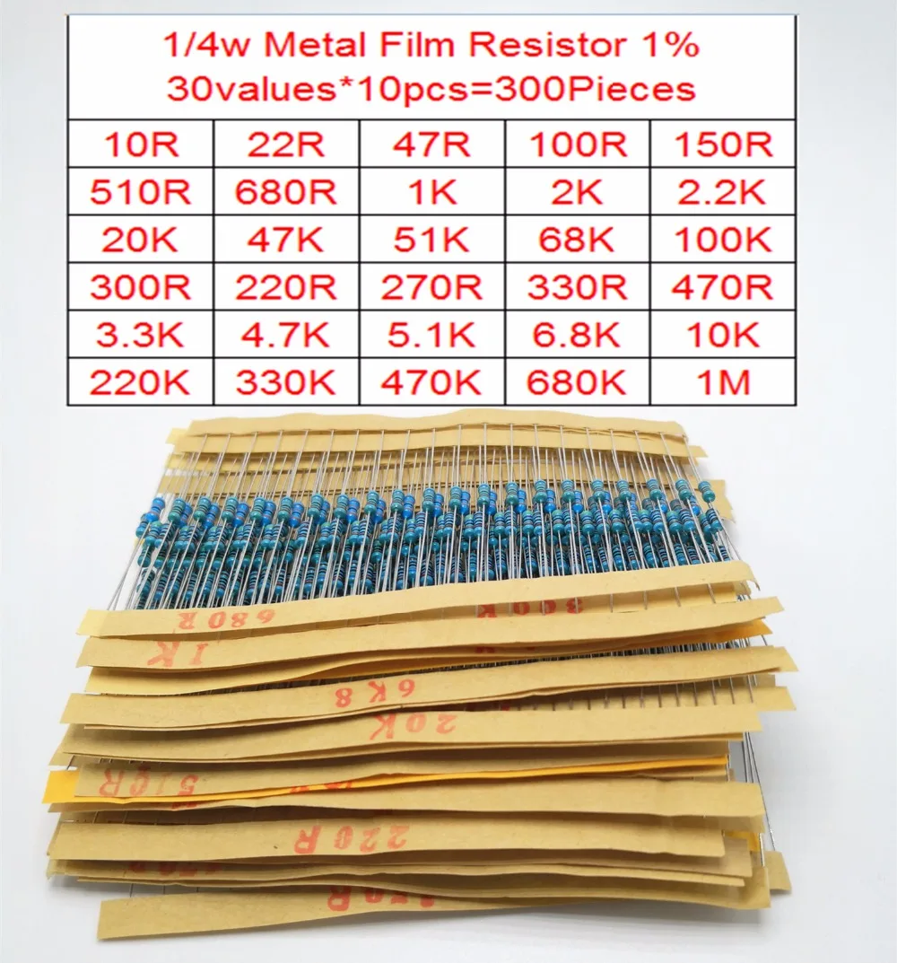 

300Pcs/locs 30Values resistor Pack 1/4w Resistance 1% Metal Film Resistor Resistance Assortment Kit Set 30 kinds Each 10Pcs
