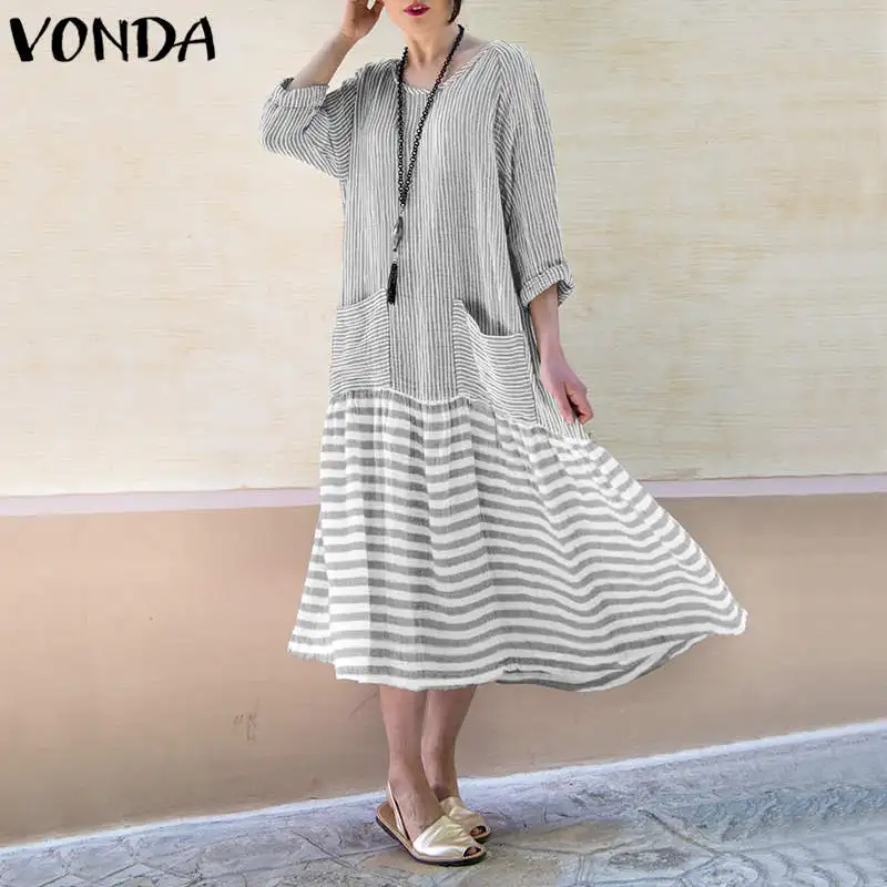 VONDA Women Striped Dress 2018 Autumn Vintage Patchwork Long Dresses O