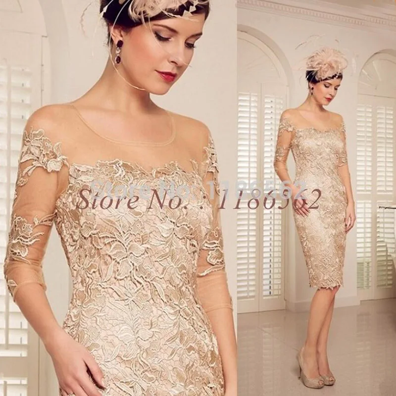 Scoop Neck Three Quarter Sleeves Champagne Mother Of The Bride Dresses Knee Length With