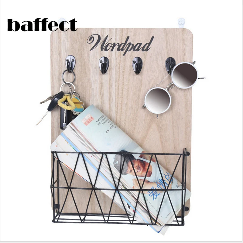 

Baffect Key Iron Wooden Storage Rack White/Black Hanging Storage Shelf Magazine Cloth Sunglasses Storage Baskets With 4Hooks