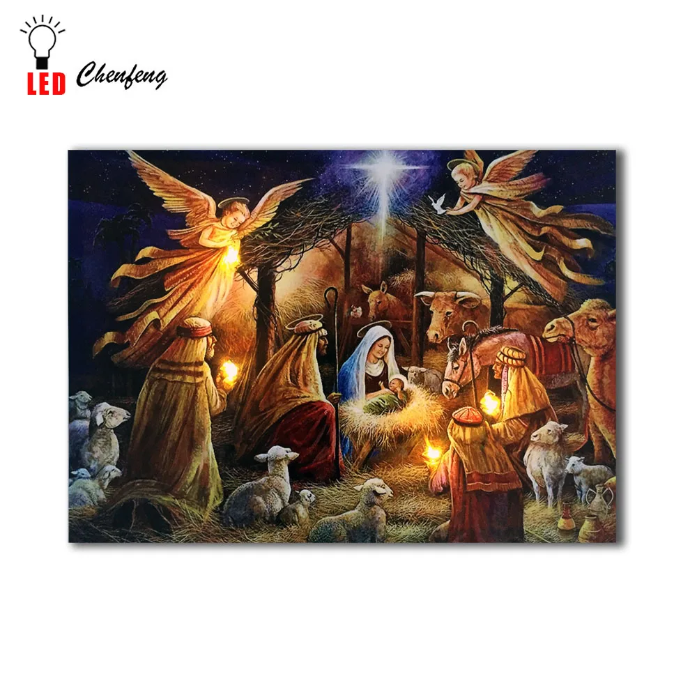 Светодиодный настенный холст с принтом декоративные Иисуса рождения ночь живопись маслом на холсте с подсветкой постер и принт Декор Горячая Распродажа дешево