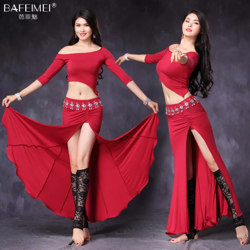 

Lady Belly Dancing Suit 2pcs Sumba Dancing Costumes Girls Modal Mid-sleeve Long Skirt Female Rumba Dancing Suit Top Skirt D0065