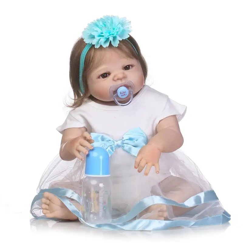

22" bebe girl reborn dolls full body silicone reborn baby dolls rooted smooth hair magnetic pacifier bottle white dress dolls