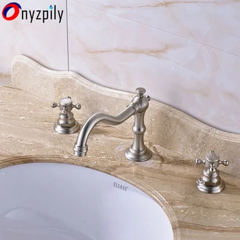 

Brushed Roman Copper Basin Sink Faucet 3 Holes Double Plum Hand Wheel Hot And Cold Faucet Europen Style Widerspread Crane torne