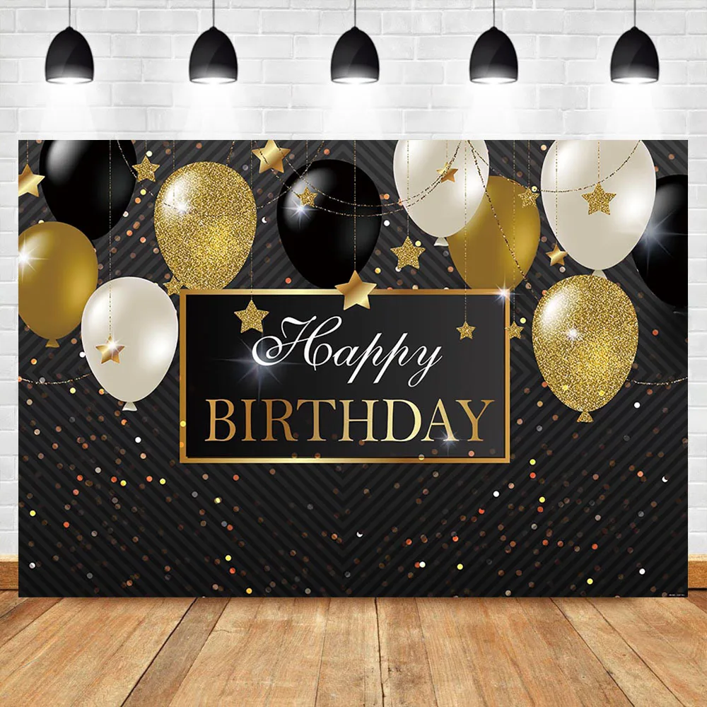 

NeoBack Happy Birthday Party Backdrop Black and Gold Balloon Photo Backdrop Golden Little Star Background Photography Backdrop