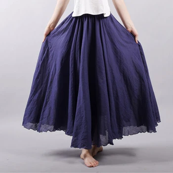 

Summer Women Cotton Linen Solid Color Casual Skirt 2018 Elegant Female Pleated A-Linen Elastic Waist Beach Long Skirt F180