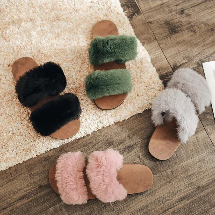 

Fleece flip flop female 2019 new spring and summer wear rabbit plush fashion student flat lazy slippers