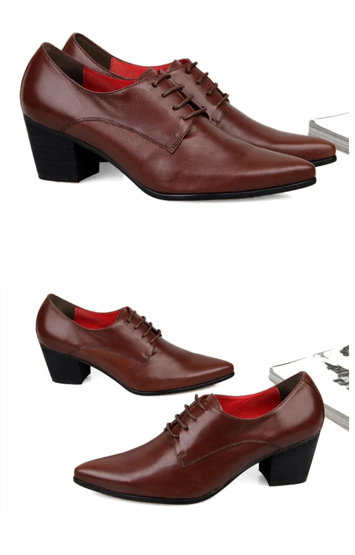 Мужские туфли из натуральной кожи на шнуровке, визуально увеличивающие рост; дизайнерские кожаные туфли с острым носком; мужские туфли-оксфорды на высоком каблуке
