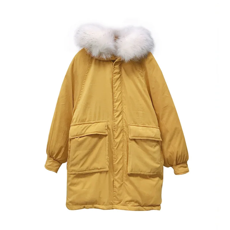 

Winter Parka Women Down Cotton-padded Turtleneck Pulling Pockets Solid Color Printing Hooded New Loose Cotton Coat