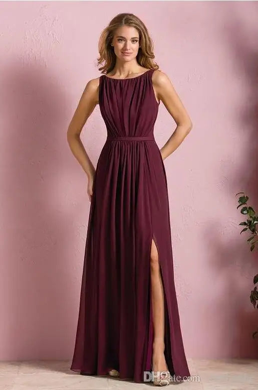 2017 Elegant Wine Red Chiffon Long Beach Bridesmaid Dresses Wedding