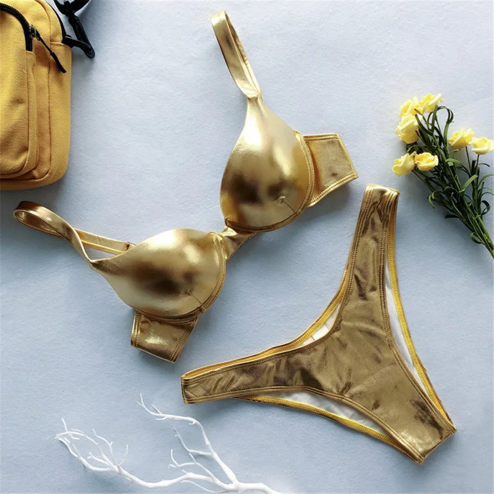 Sexy Reflective Shiny Gold Metallic Brazilian Push Up Bikini Set 2020 Lady High Cut Swimwear Women Swimsuit Female Bathing Suit 1