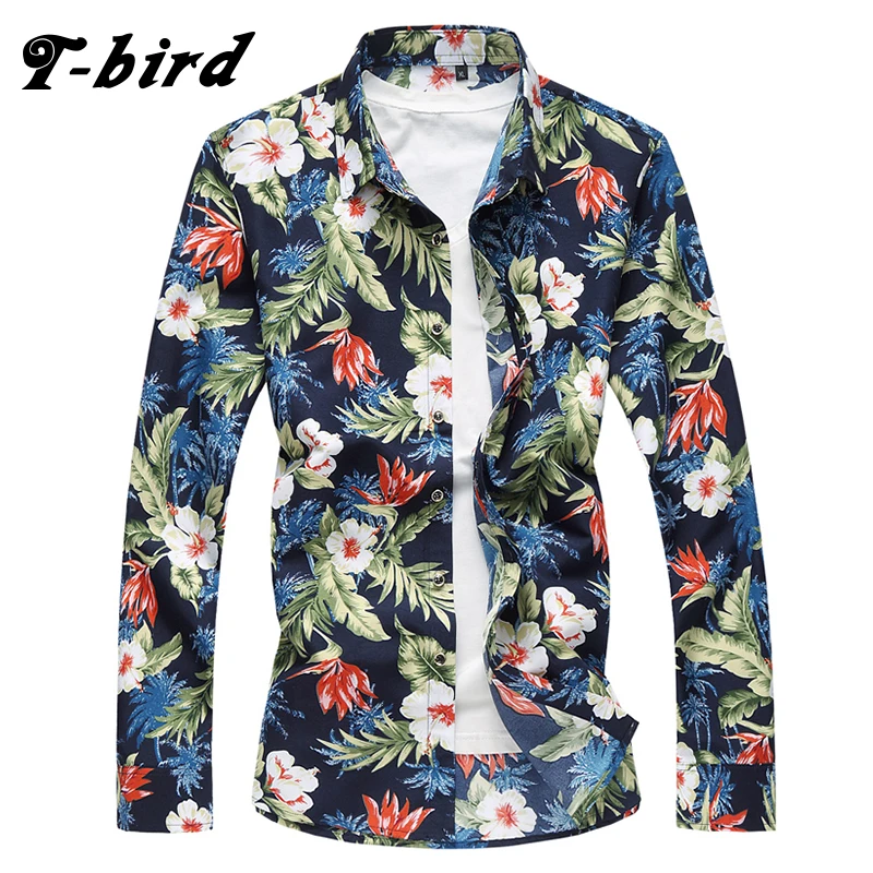 

T-bird Shirt Men Clothing M-7XL Long Sleeve Flower Print Mens Dress Shirts Summer New Casual Hawaii Male Shirt camisa masculina