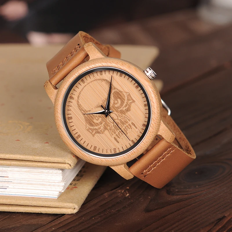 BOBO BIRD WP24 Simple Bamboo Watch for Men Women Cool Skull Design on Glasses Quartz Wristwatch