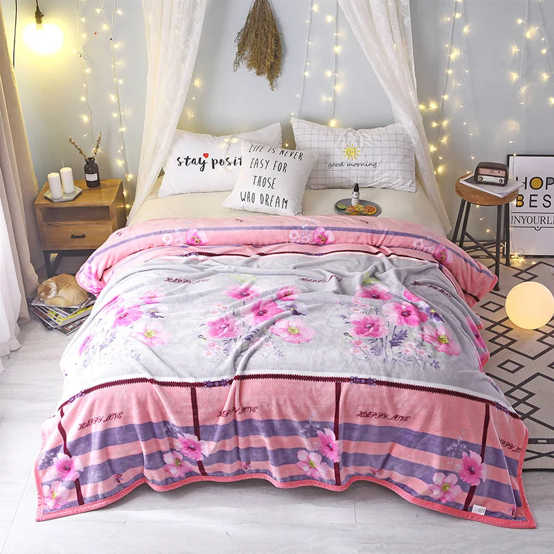 iDouillet Pink Floral Printed Plush Coral Fleece Bed Throw ...