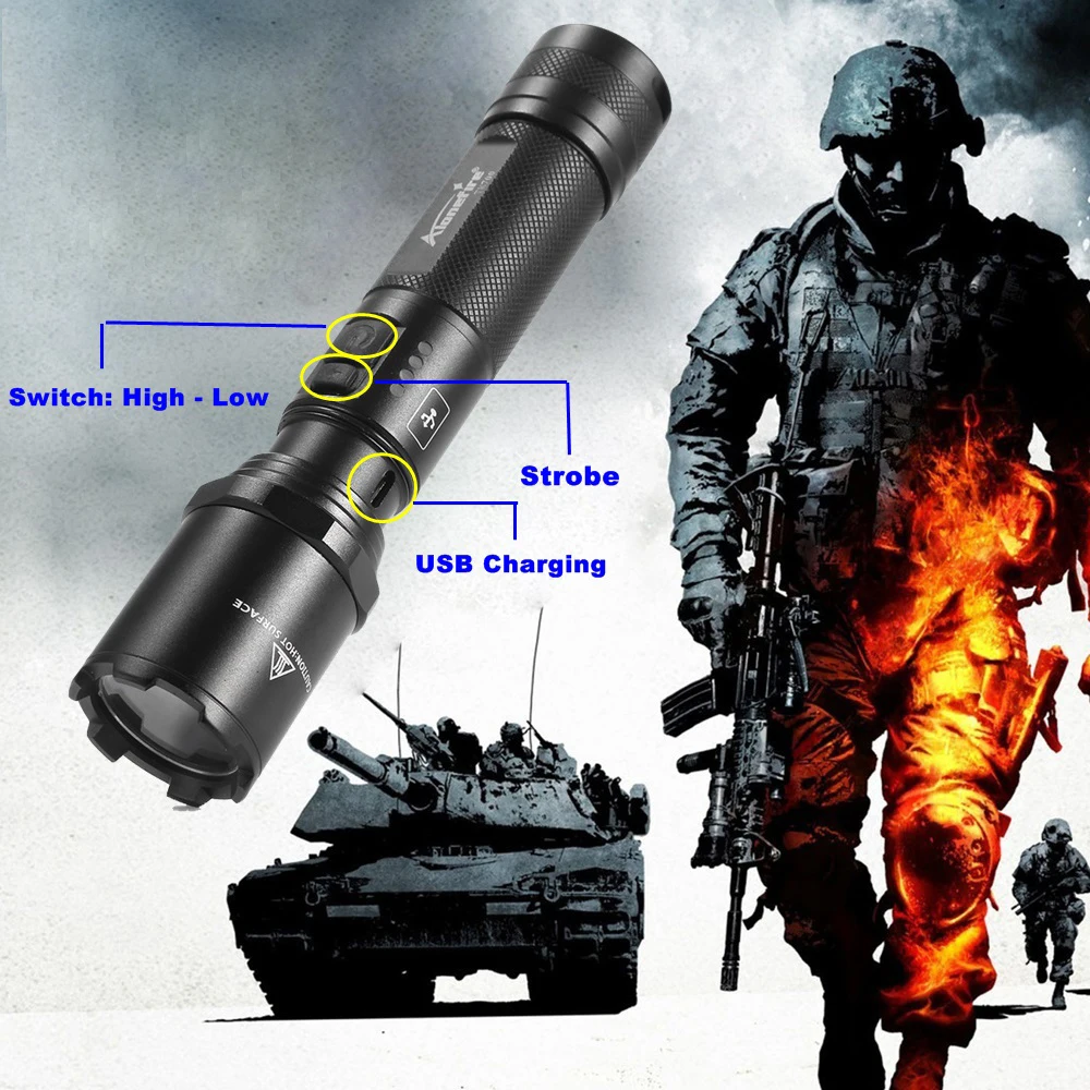 AloneFire TK700 CREE L2 светодиодный светильник с зарядкой от USB, тактический фонарь, мигающий фонарь для самообороны, полицейский рабочий светильник 18650