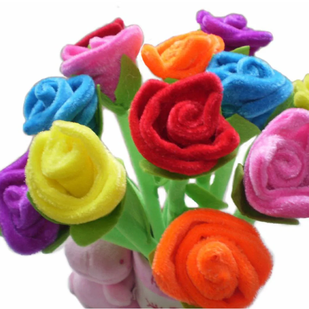 12 Beautiful Plush Roses Flower BALLPOINT Writing Pen Blue Ink Desk Decor Gift