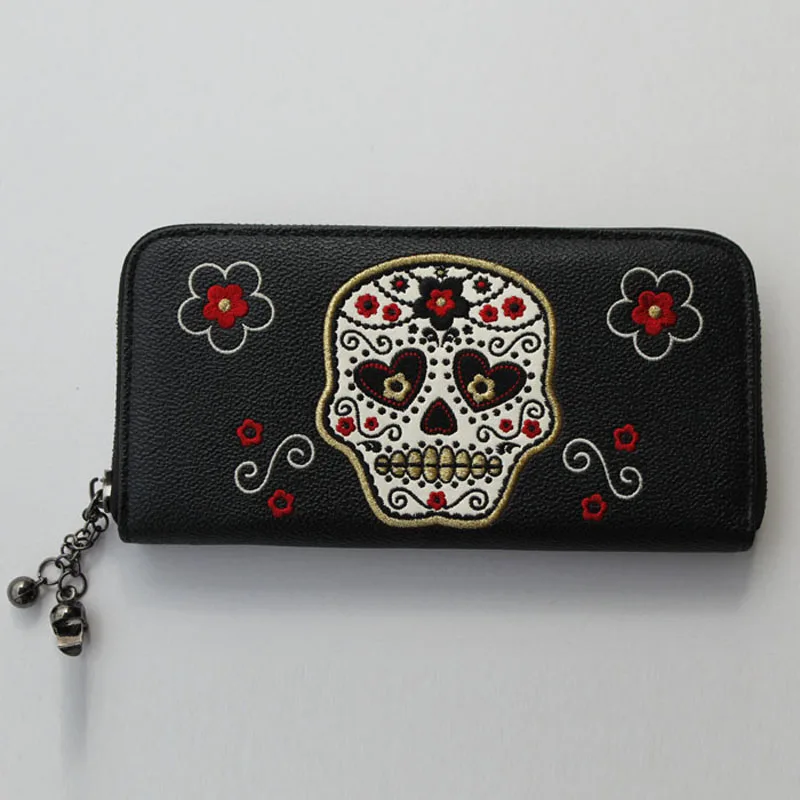 

Long Embroidered Skull Head Zipper Wallet Purse Bag Women Handbag PU Leather Wallets Purses Lady Girl Fashion Vintage Bags