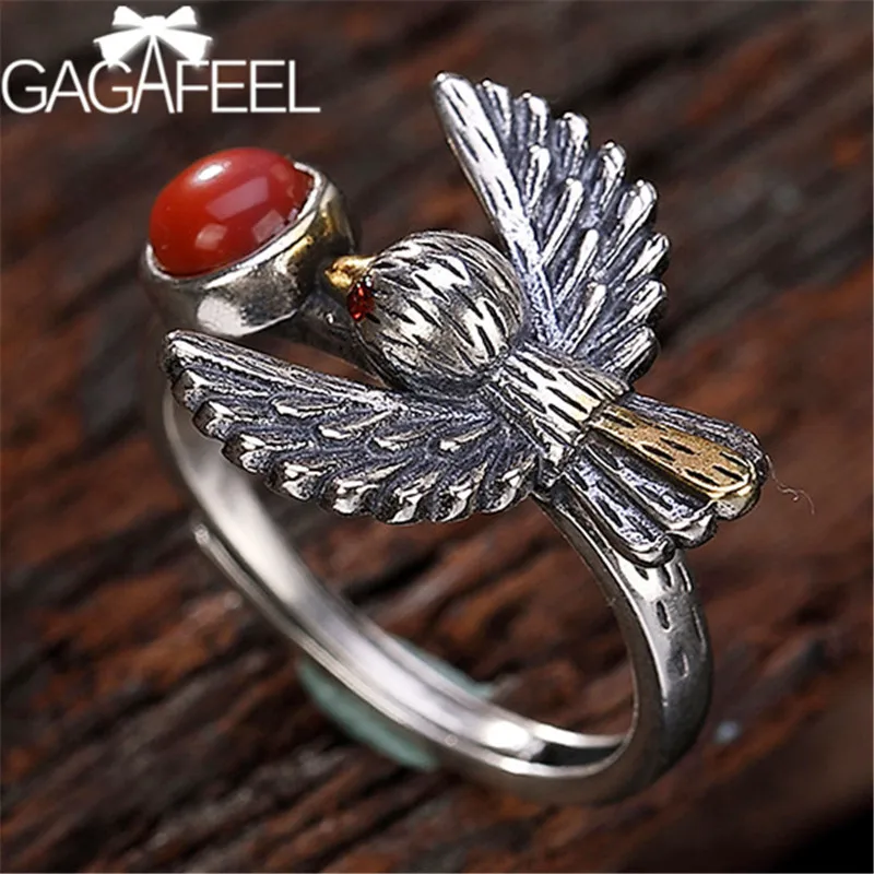 

GAGAFEEL Retro Women Rings 925 Sterling Silver Ring with Birds & Semi-precious Stone Jewelry for Women Female High Quality