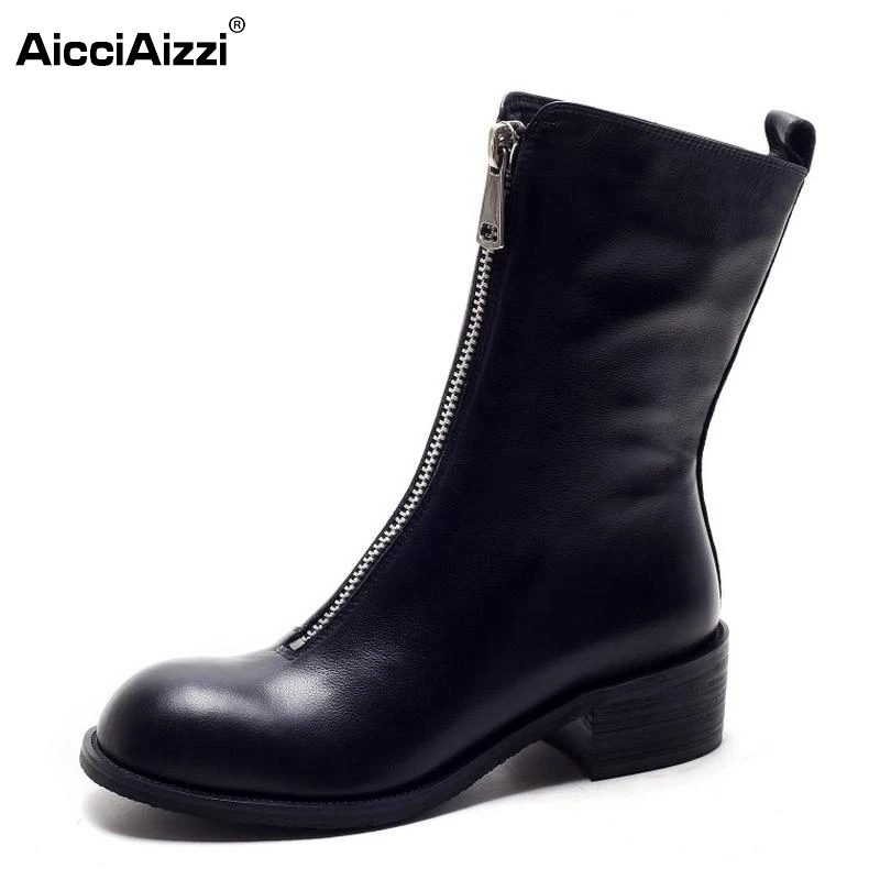 Winter Women Boots Genuine Real Leather Round Toe Zipper Half Boots Female Sqaure Heel Botas