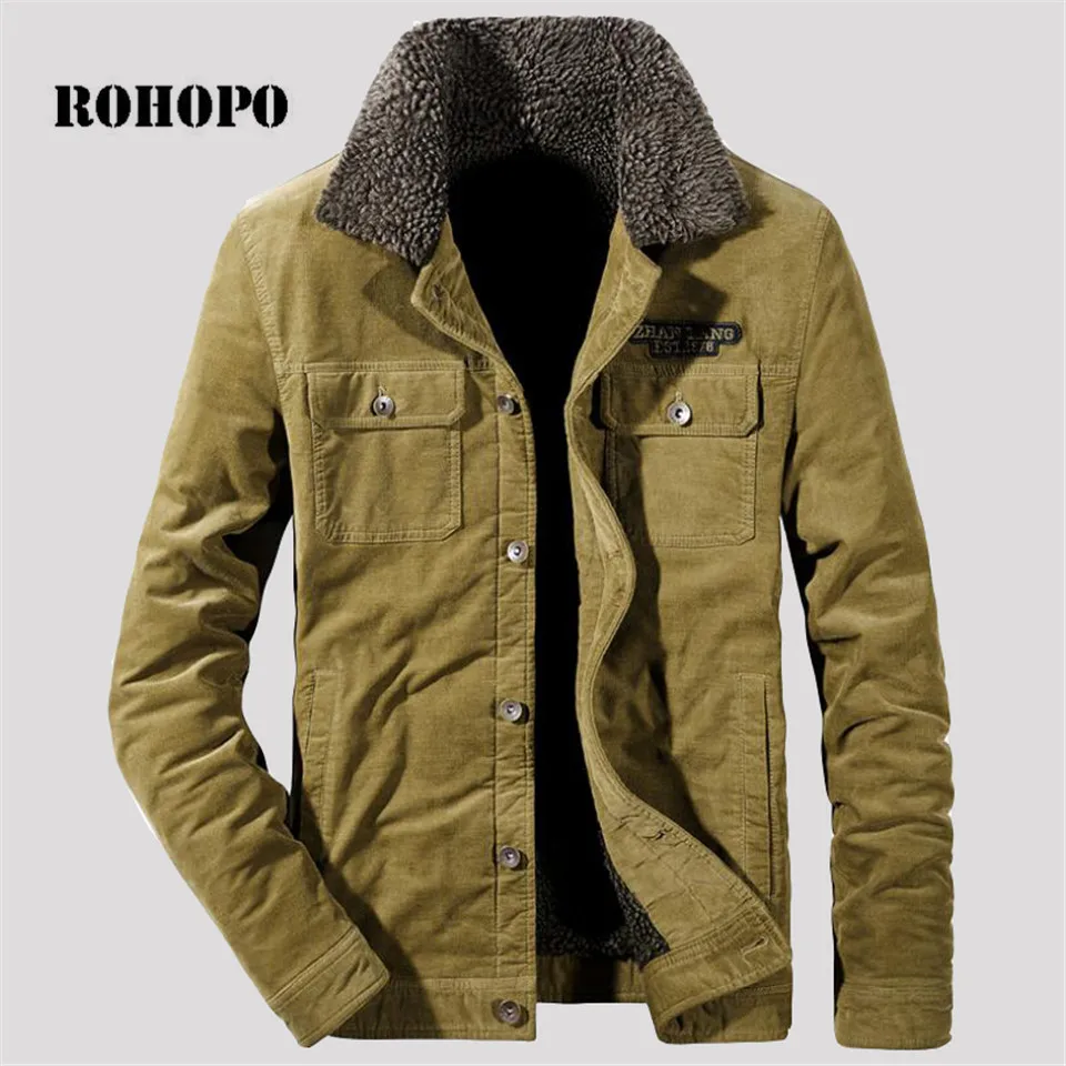 

ROHOPO Straight Corduroy thick cotton jacket coat,turn down fur collar wool lining male motor outwear,single breast cargo coat