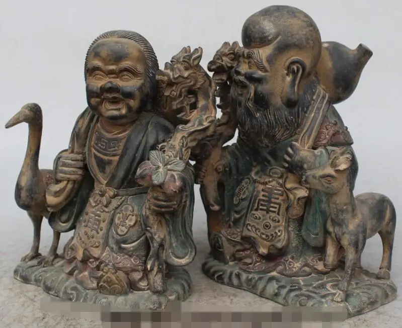 

S06311 9"Old Chinese Purple Bronze God Longevity mother-in-law Crane Crutch Statue Pair