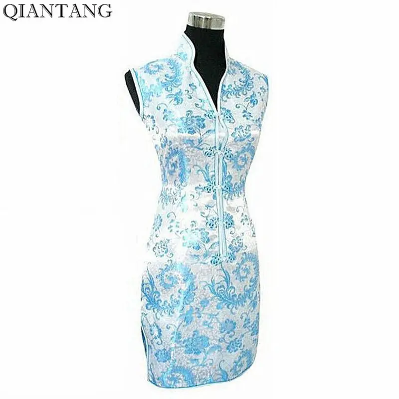 Elegant Navy Blue Ladies Satin Cheongsam Fashion Mini Qipao Novelty V-Neck Dress Flower S M L XL XXL XXXL Mujere Vestido JY012-5