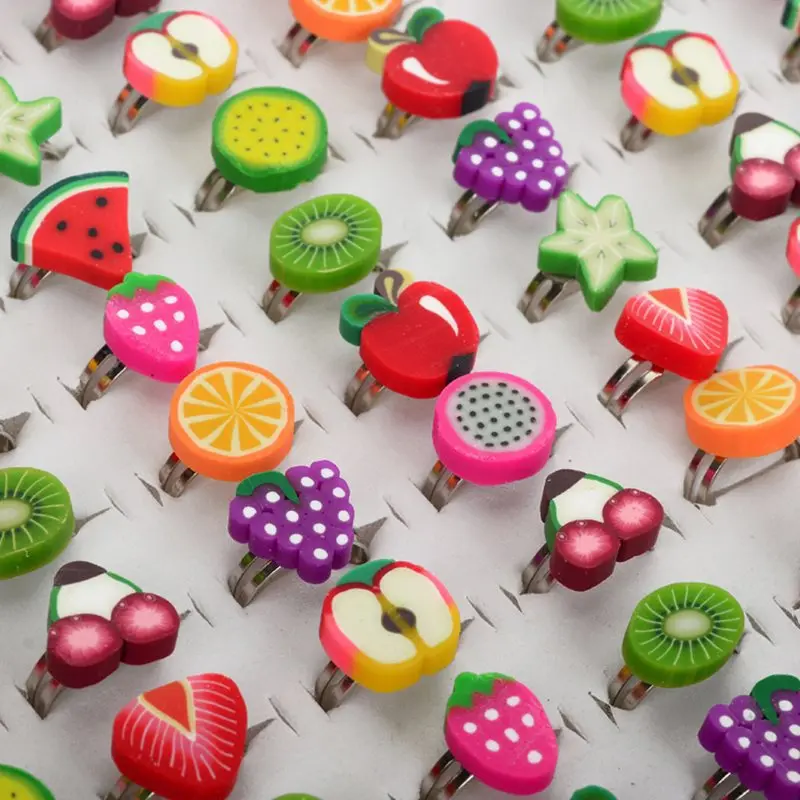 

Wholesale Jewelry Lots 10Pcs Mixed Style Adjustable Fruit Shape Polymer Clay Children Rings Gift