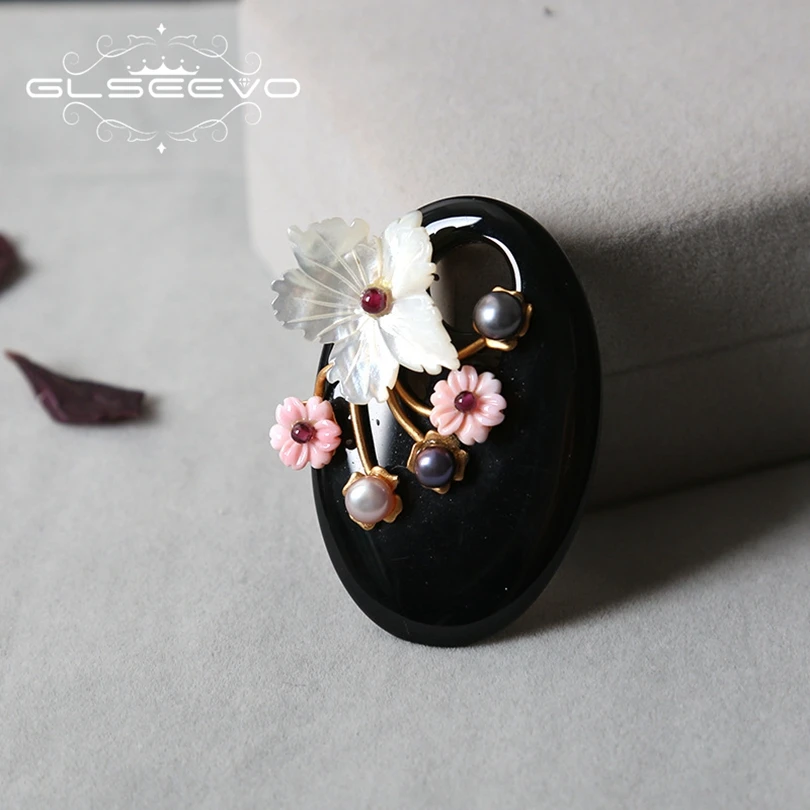 

XlentAg Natural Fresh Water Pearl Brooch Pin For Women Agate Mother Of Pearl Flower Brooches Dual Use Fine Jewelry Luxury GO0223