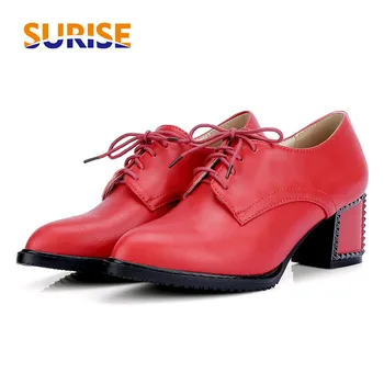 

Big Size Spring Autumn Women Derby 6cm High Thick Block Heel PU Leather Pointed Toe Casual Office Lace Up Red Lady Flats Brogue