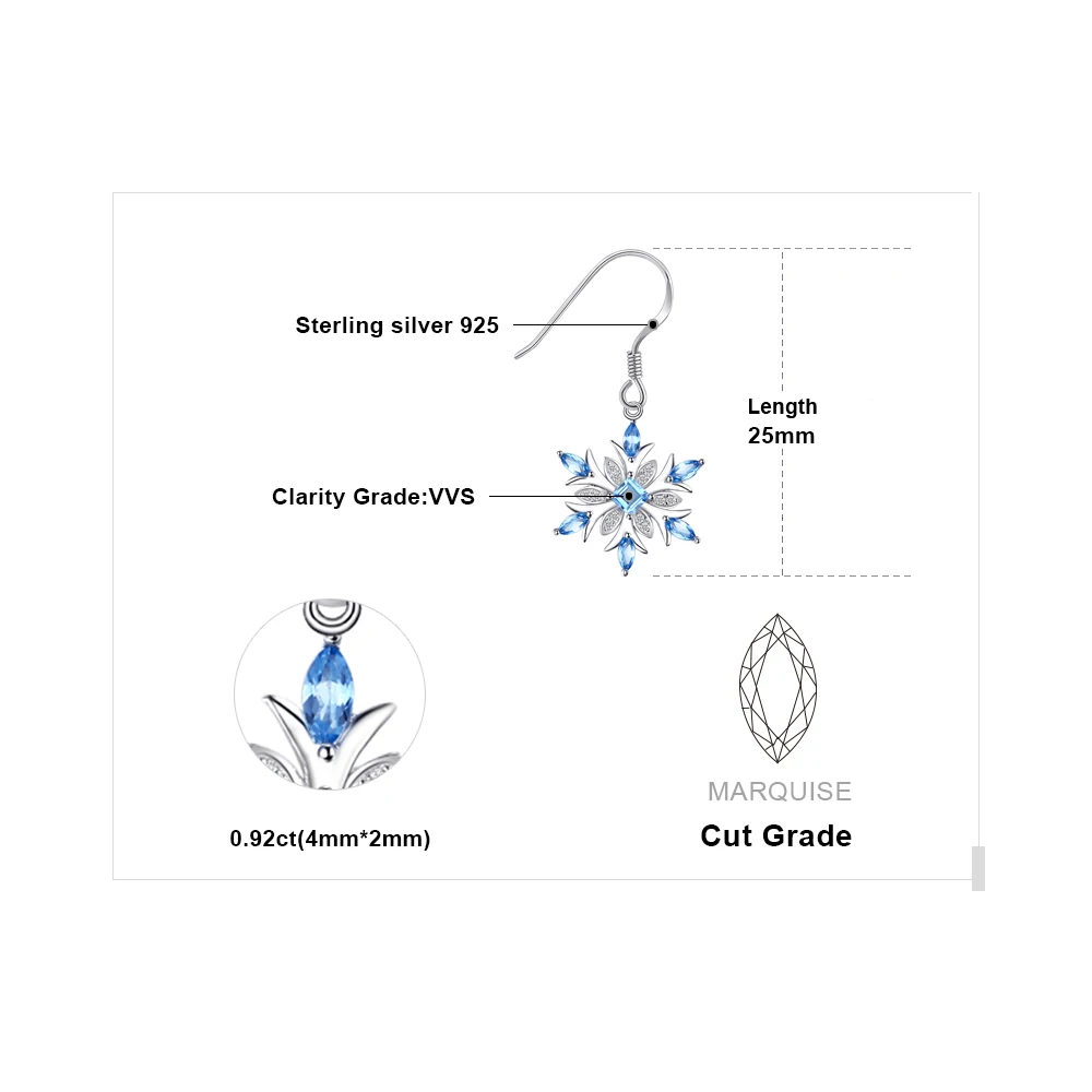 JewelryPalace Снежинка 1.4ct Подлинная Швейцарский Голубой Топаз Серьги Мотаться Стерлингового Серебра 925 Серьги для Женщин Ювелирные Изделия