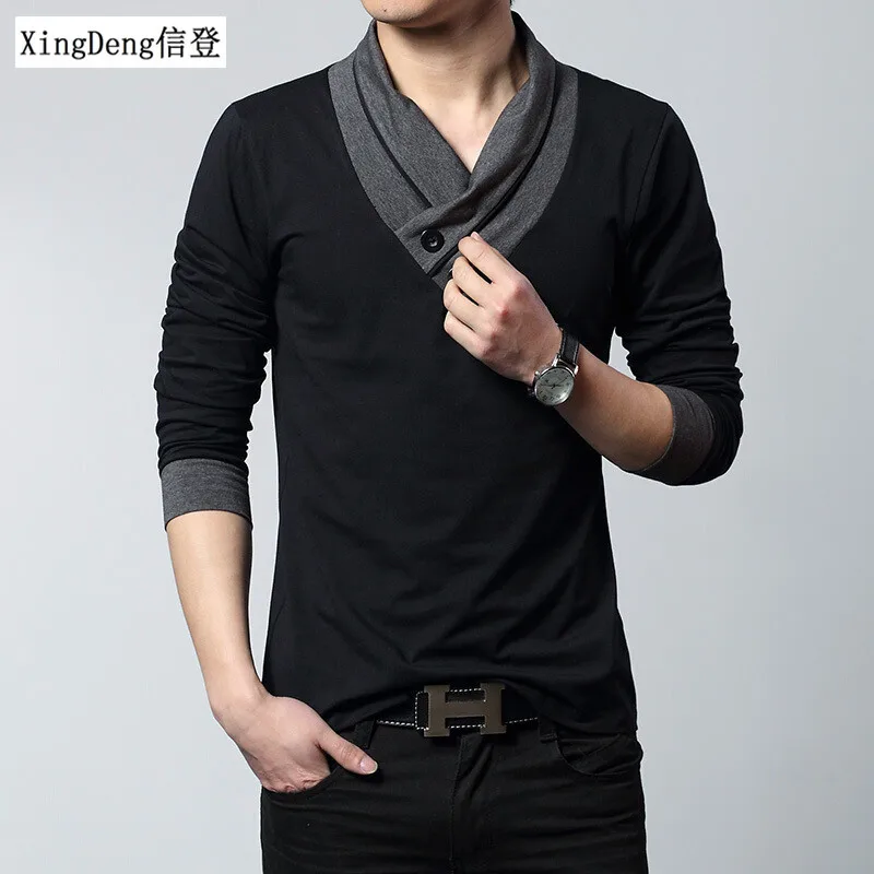 XingDeng бренд тренд с длинным рукавом Пэчворк воротник модная футболка мужская v-образный вырез мужские футболки хлопок верхняя одежда плюс 4XL