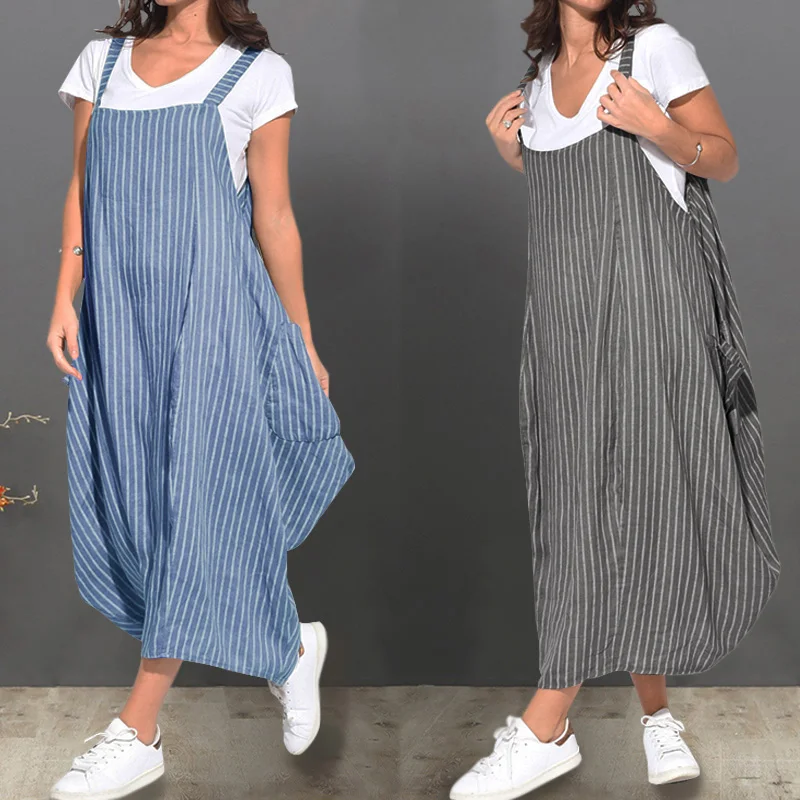 Plus Size Striped Overalls Dress Women's Summer Dresses ZANZEA Tank Vestidos Female Strappy Robe Femme Suspenders Vestido