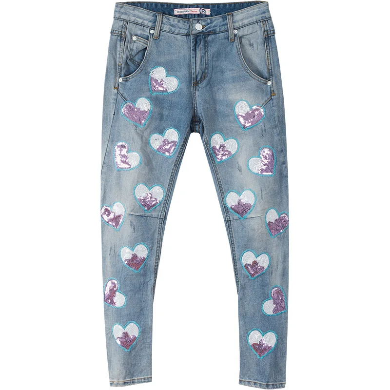 Любовь бисер блестками светло голубой джинсы для женщин 2019 сезон: весна-лето новые модные для длина лодыжки худые