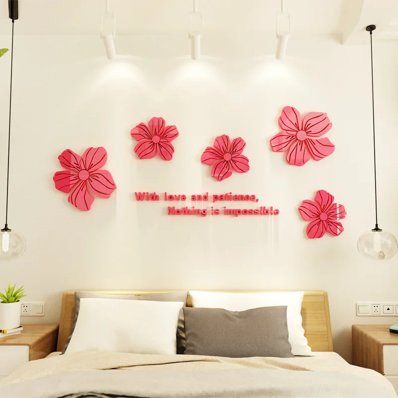 Акриловые Настенные Стикеры с серебристыми цветами, простые домашние 3D настенные стикеры s для гостиной, разные цвета, декоративные обои для комнаты - Цвет: pink