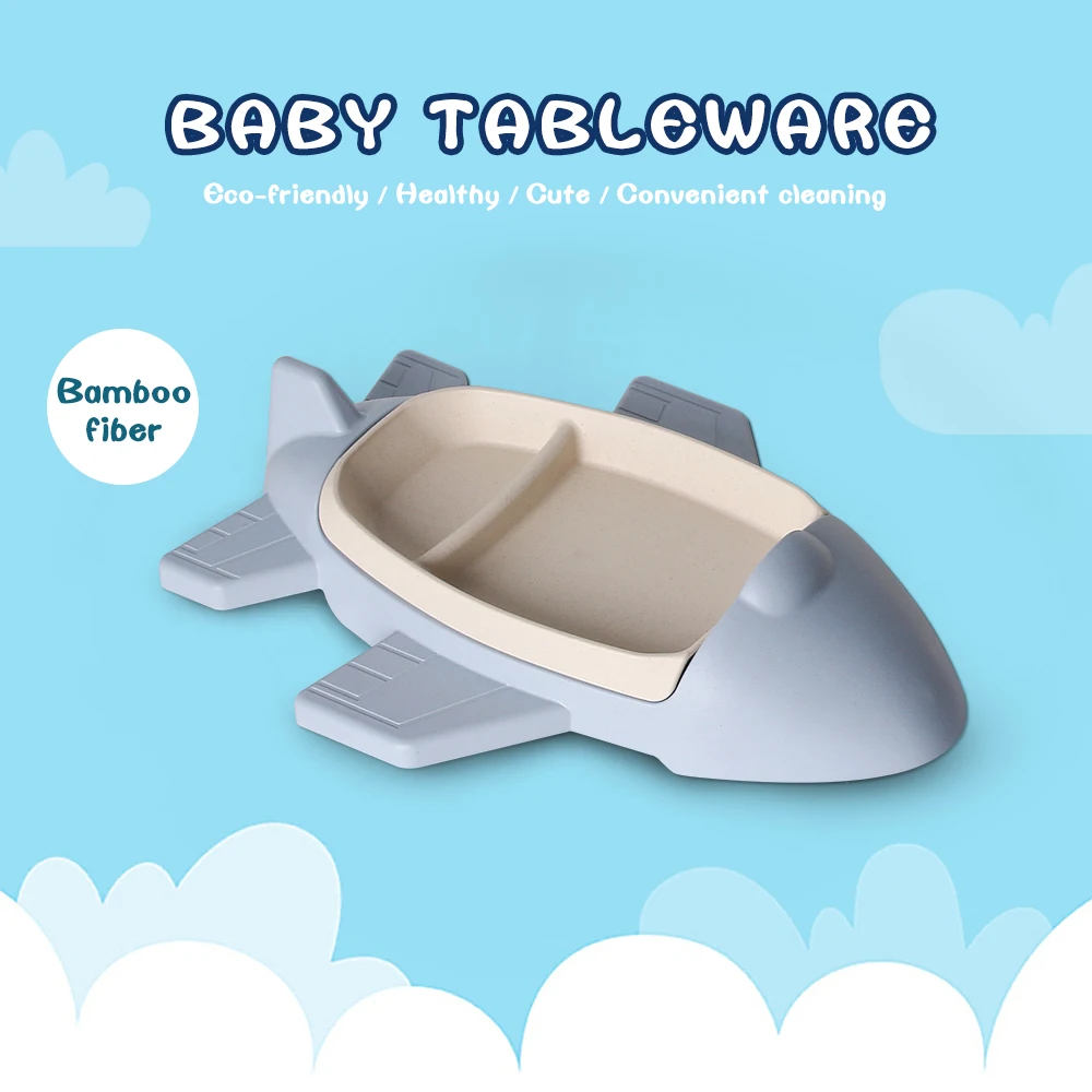 GZZT Kids Tableware Sets Dishes Bamboo Fiber Blue Cartoon Aircraft Shape Dinnerware Bowl Children Kid Rice Feeding Tray