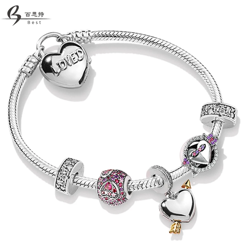 

BEST 100% 925 Sterling Silver ZT0247 Sweet Love Charm Beaded Bracelet Set Valentine's Day Gift Women Quality Jewelry Making