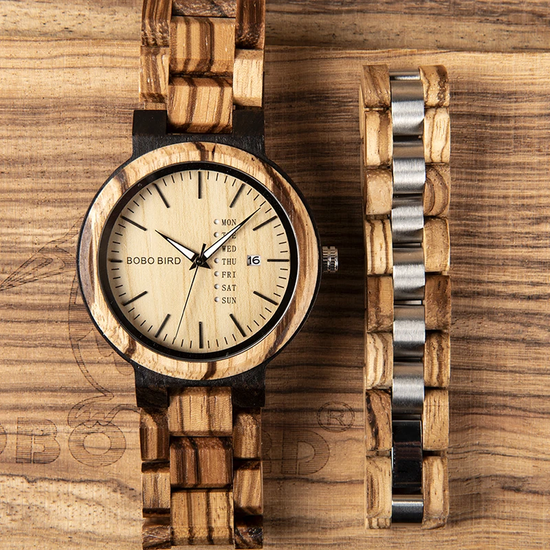 BOBO BIRD Zebra Wood Quartz Watch With Bracelet Men Wristwatch Week & Date Display Best Gift relogio masculino In Gift Box V-O26