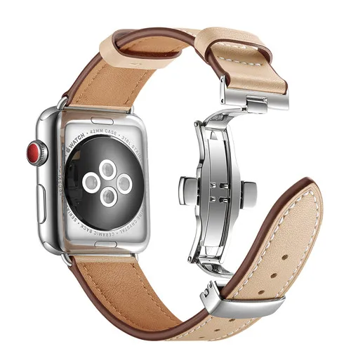 Ремешок из натуральной кожи для apple watch pulseira apple watch 5 4 3 44 мм/40 мм iwatch band 42 мм 38 мм correa ремешок для часов браслет - Цвет ремешка: Silver button