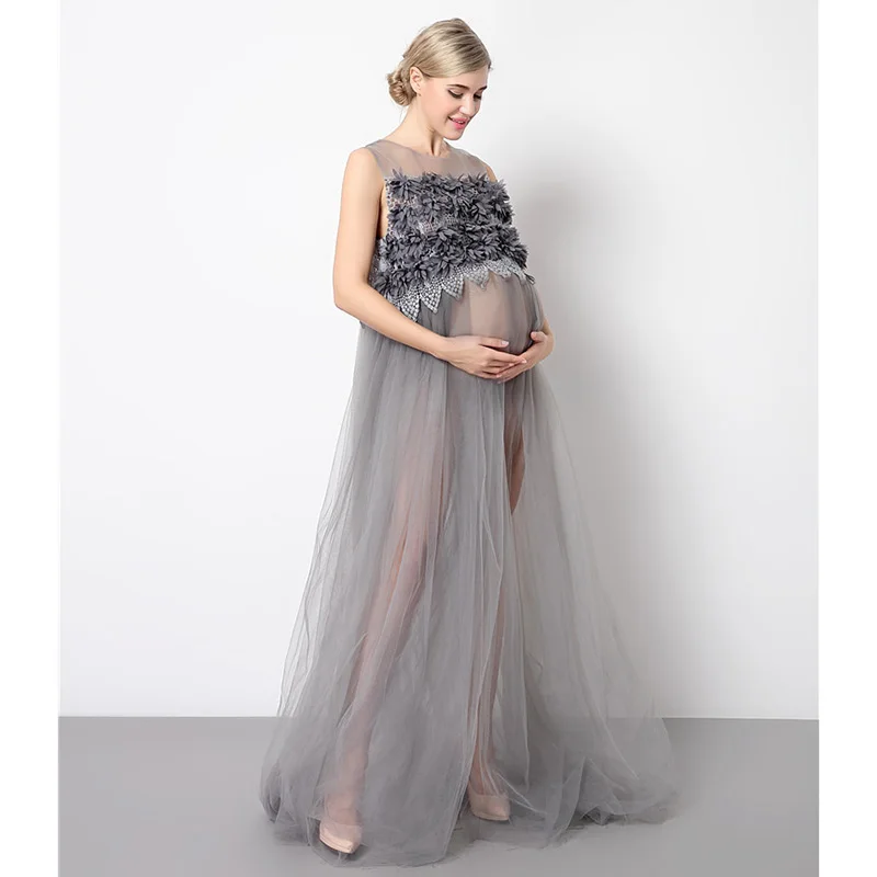 Pregnancy Women Elegant Dress Lace Long Pregnant Photo Dresses Yarn Maternity Party Photography