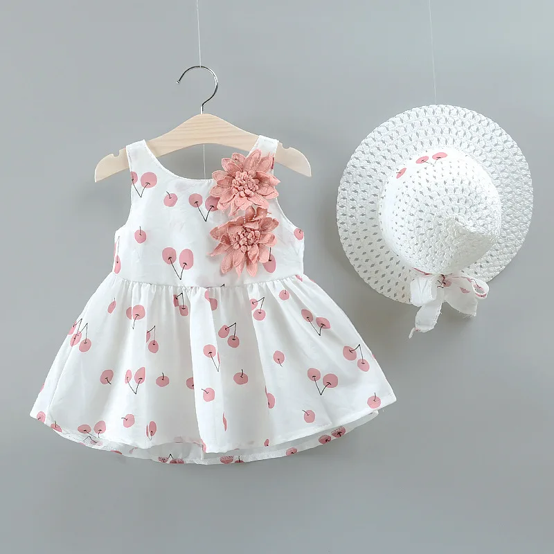 

NEW Dresses Children Baby Kids Girls Clothes Cute Cherry Printed Flower Party Sleeveless Princess Summer Dress + Hat Clothes Kid