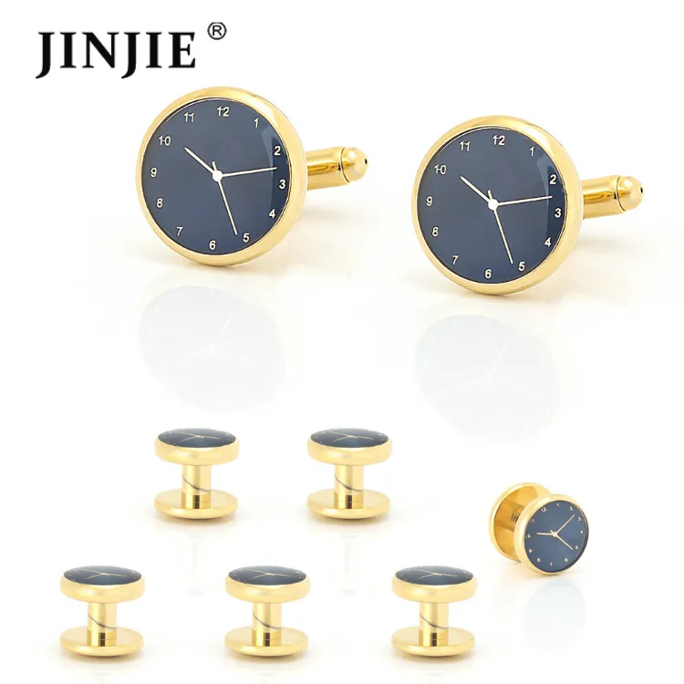 Best new design wedding tuxedo cuff studs and gold and blue watch cufflinks gift set for men