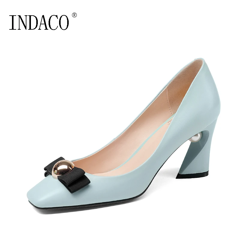 Pumps Women Shoes Blue Pumps Leather Bow Pearl High Heel Shoes for Party 7.5cm 34-43 INDACO