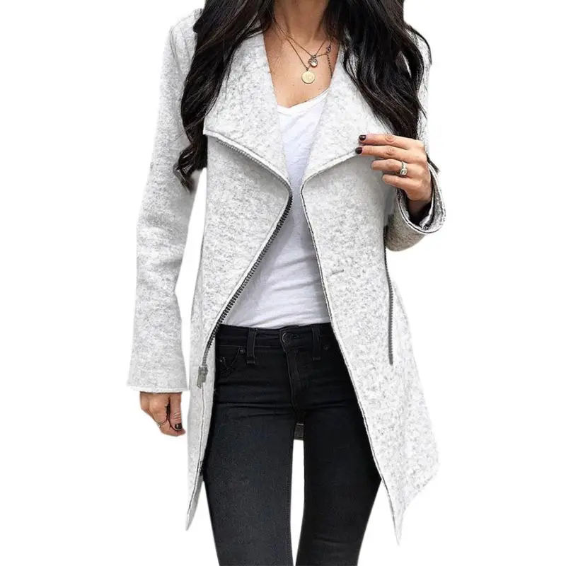 New Slim Wool Blend Coat Fashion Zipper Asymmetric Coat Women Turn down