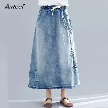 

2020 vintage embroidery plus size high waist autumn summer casual loose long denim skirt women skirts female clothes
