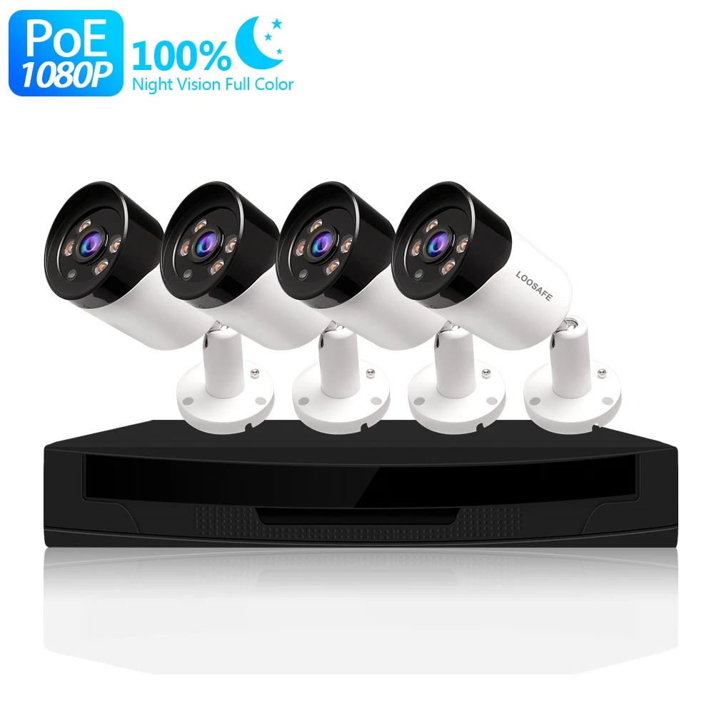 

LOOSAFE 4Channel CCTV Security System Outdoor IP Camera POE P2P HD Infrared Waterproof Camera day & night colorful NVR CCTV Kit